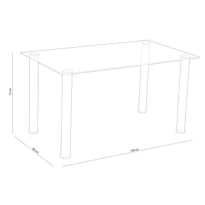Mesa retangular com tampo de vidro e pés cilíndricos em fundo branco