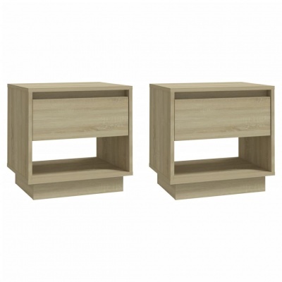 Par de mesas de cabeceira em madeira clara com gaveta e espaço aberto
