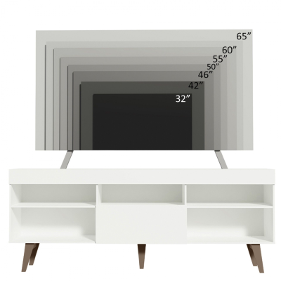 Televisores de vários tamanhos sobre móvel branco com prateleiras e gaveta