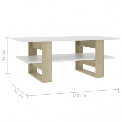 Mesa de centro branca com estrutura de madeira clara em fundo branco