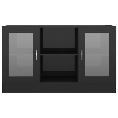 Móvel de arrumação preto com portas de vidro fosco e compartimentos abertos.