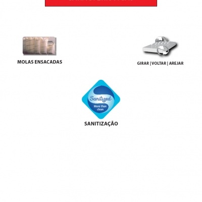 Ícones mostrando molas ensacadas, mecanismo giratório e etiqueta de sanitização