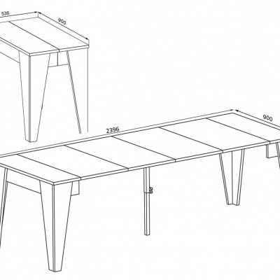 Desenho técnico de mesa retangular extensível com dimensões em milímetros.