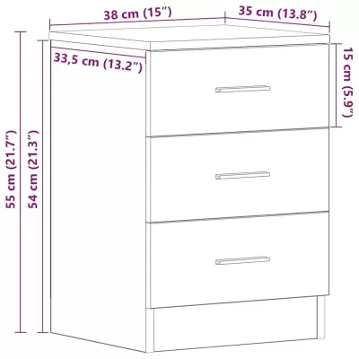 Desenho técnico de cómoda branca com três gavetas e medidas em cm e polegadas.