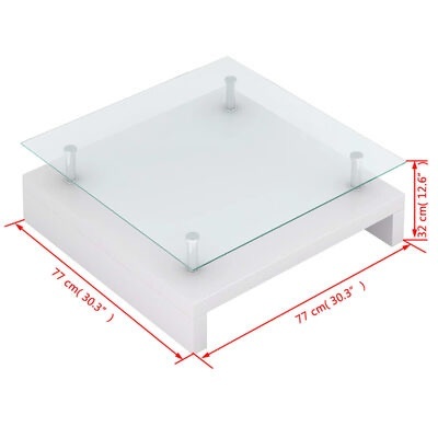 Mesa de centro quadrada branca com tampo de vidro transparente