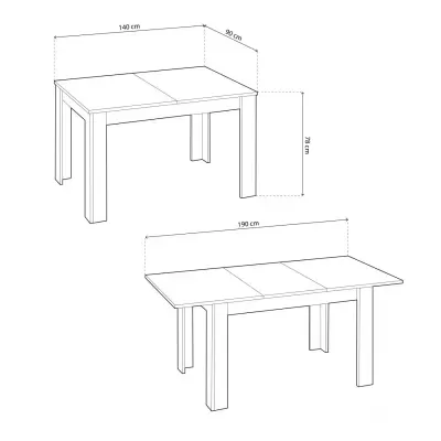 Desenho técnico de mesa extensível branca com dimensões 140x90x78 cm fechada e 190x90x78 cm aberta
