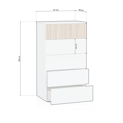Móvel branco com gavetas e gaveta superior em madeira clara, dimensional 108x61x40 cm