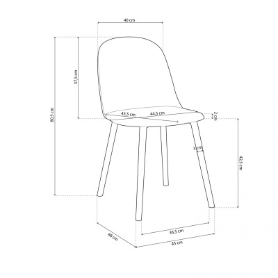 Desenho técnico em preto e branco de uma cadeira com medidas em centímetros.