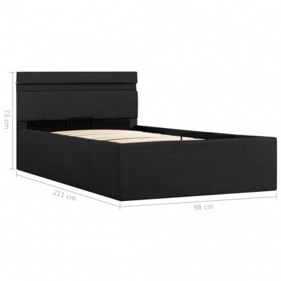 Cama individual preta estofada com cabeceira almofadada e dimensões 211x98x73 cm