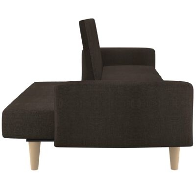 sofá-cama castanho escuro com pernas de madeira clara