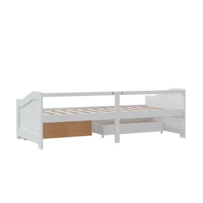 Cama de madeira branca com barra lateral e gaveta inferior