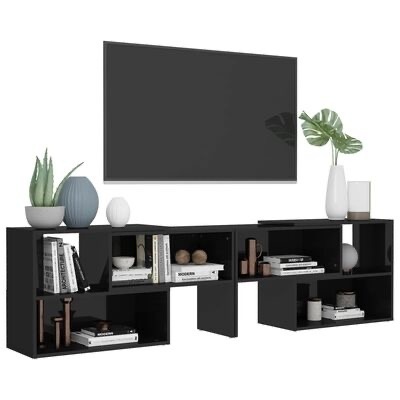 Móvel TV preto moderno com decoração e televisor montado na parede