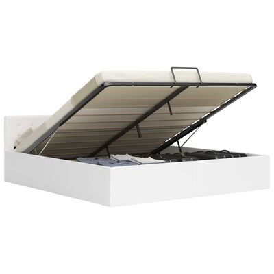 Cama branca com arrumação elevatória e colchão claro