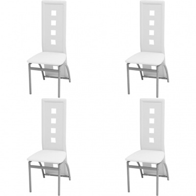 Conjunto de quatro cadeiras brancas com encosto alto e recortes quadrados