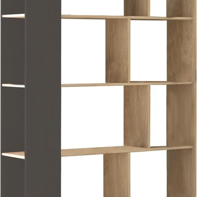 Estante moderna de madeira com prateleiras e painel lateral cinza