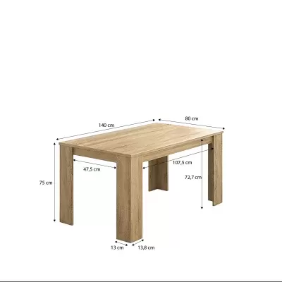 Mesa retangular de madeira clara com medidas indicadas