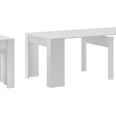 Conjunto de duas mesas brancas, uma retangular maior e uma quadrada menor, em fundo branco