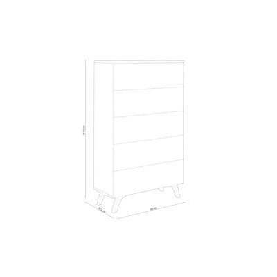 Desenho técnico de cómoda branca com cinco gavetas e pés inclinados