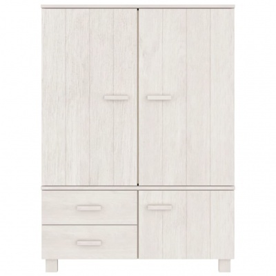 Armário de madeira clara com duas portas superiores, duas gavetas e uma porta inferior.