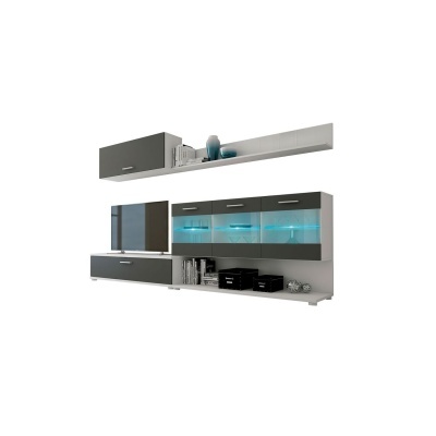 Móvel de sala de estar moderno cinzento e branco com iluminação azul