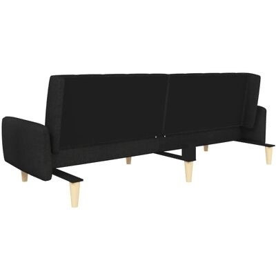 Sofá-cama preto com pernas de madeira clara