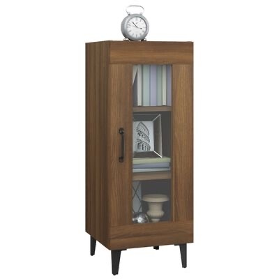 Armário alto de madeira com porta de vidro e relógio cinzento no topo