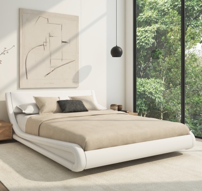 Quarto com cama moderna branca e estofos bege com janela grande para árvore