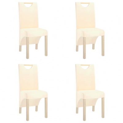 Cadeiras com estrutura de madeira clara e assento de tecido bege com recorte no encosto