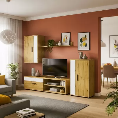 Conjunto de móveis em madeira clara e branco numa sala com parede terracota e decoração moderna