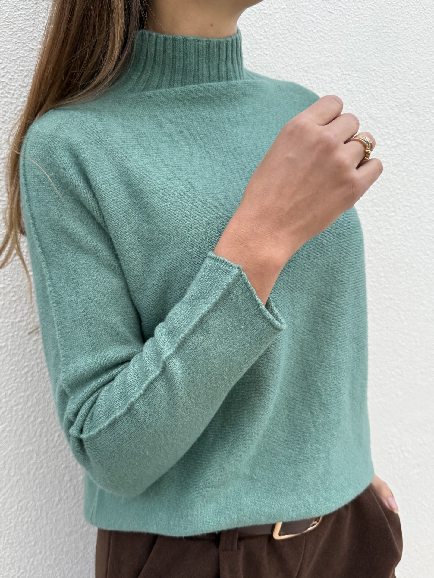 Camisola verde-menta de malha com gola alta e mangas compridas em ambiente interior