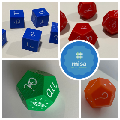 Conjunto dos 4 dados: dados com vogais, consoantes, ditongos e sinais de pontuação