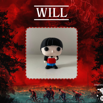 Boneco Funko Pop com cabelo e roupa colorida em fundo gráfico vermelho e preto com texto WILL
