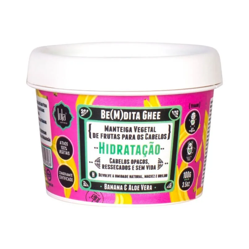 Embalagem rosa de manteiga vegetal para cabelos com tampa branca e texto detalhado