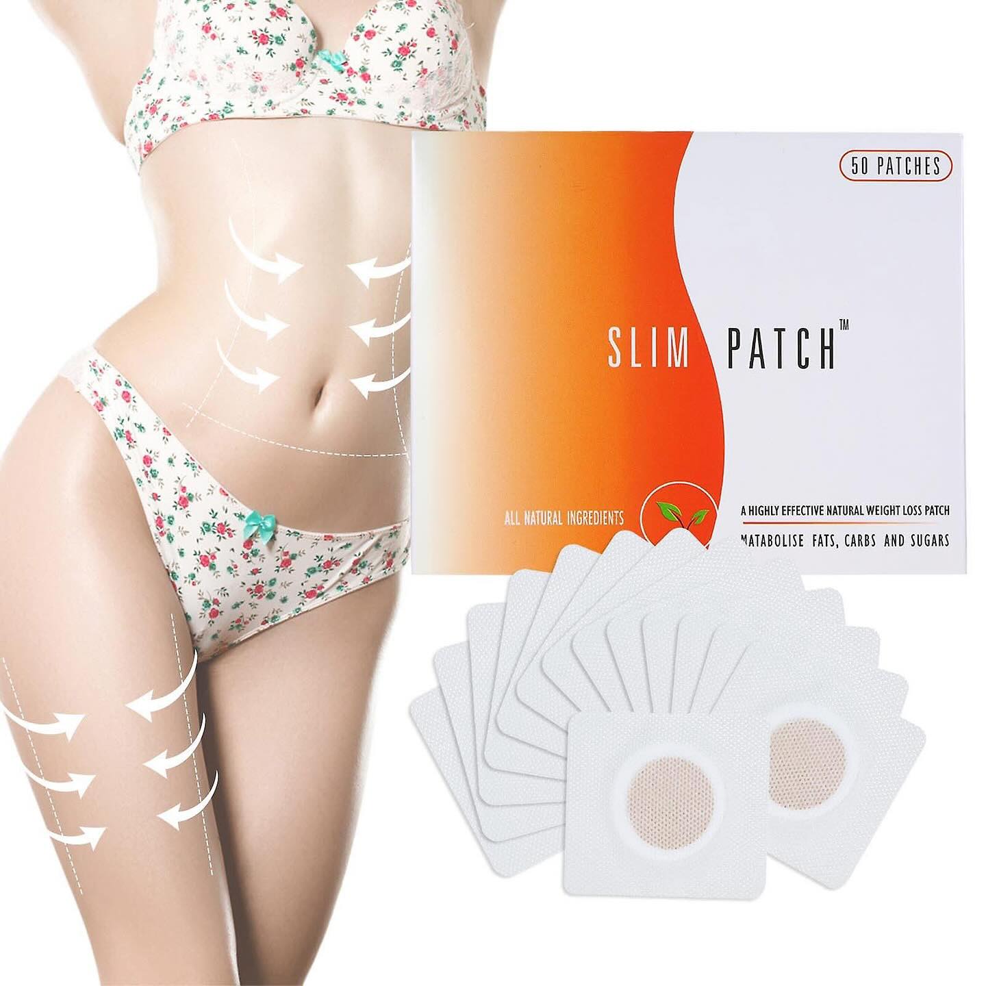 Caixa do produto SLIM PATCH com adesivos e modelo vestindo roupa interior floral