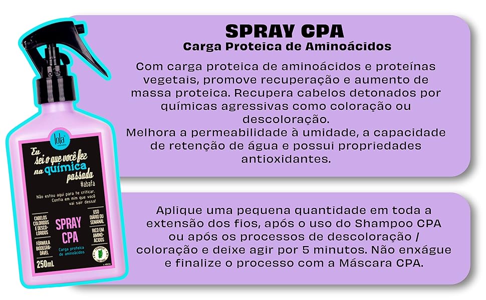 Spray CPA de aminoácidos em embalagem preta com texto em rosa e azul com instruções em fundo lilás