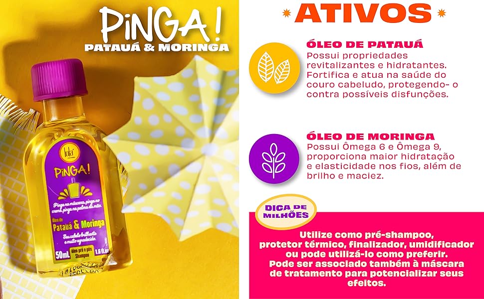 Frasco roxo e amarelo de óleo Pinga! Patuá & Moringa com texto explicativo em fundo branco