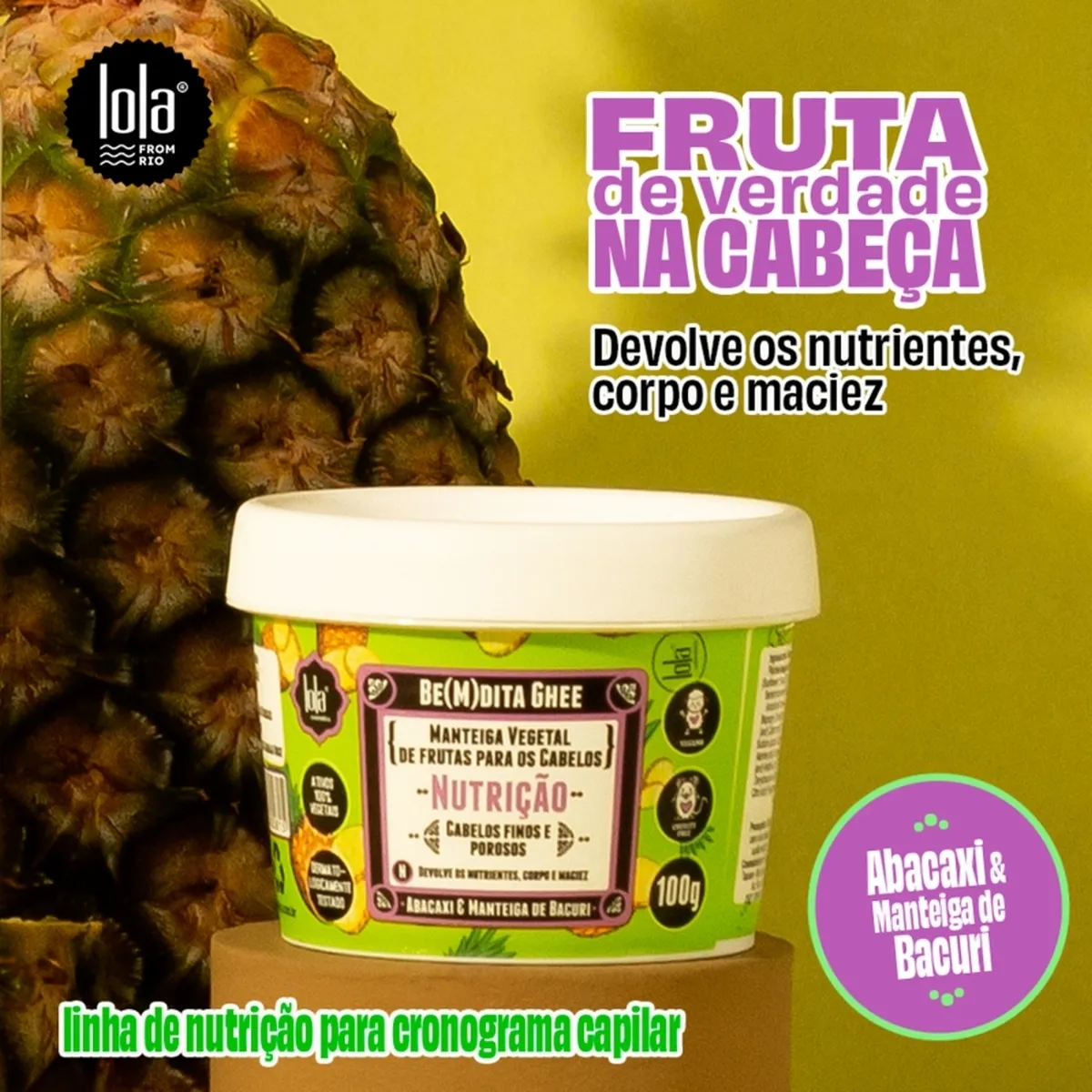 Pote de manteiga vegetal para cabelos RE(M)DITA GHEE com abacaxi, fundo amarelo e textos promocionais
