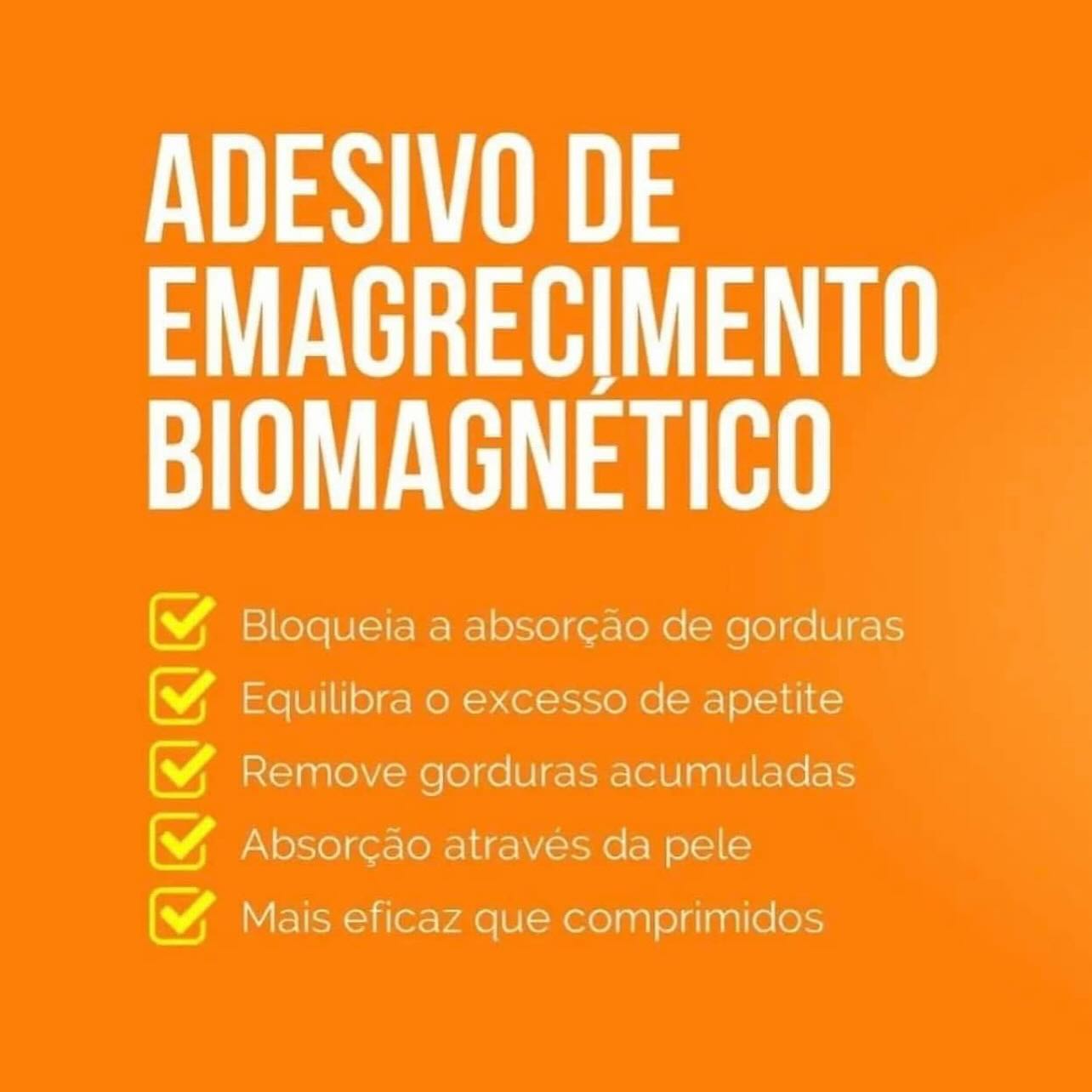Texto em fundo laranja sobre adesivo de emagrecimento biomagnético e suas características