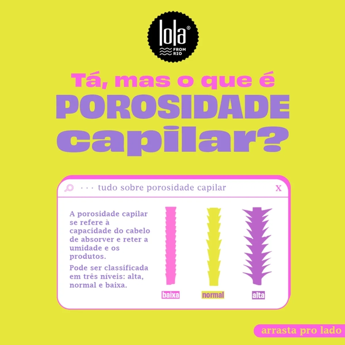 Explicação ilustrada sobre porosidade capilar com três níveis e logótipo lola FROM RIO