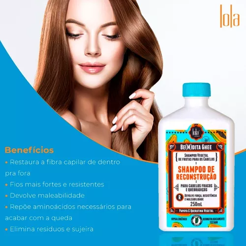 Embalagem de shampoo Lola Be(M)dita Ghee e mulher com cabelo castanho
