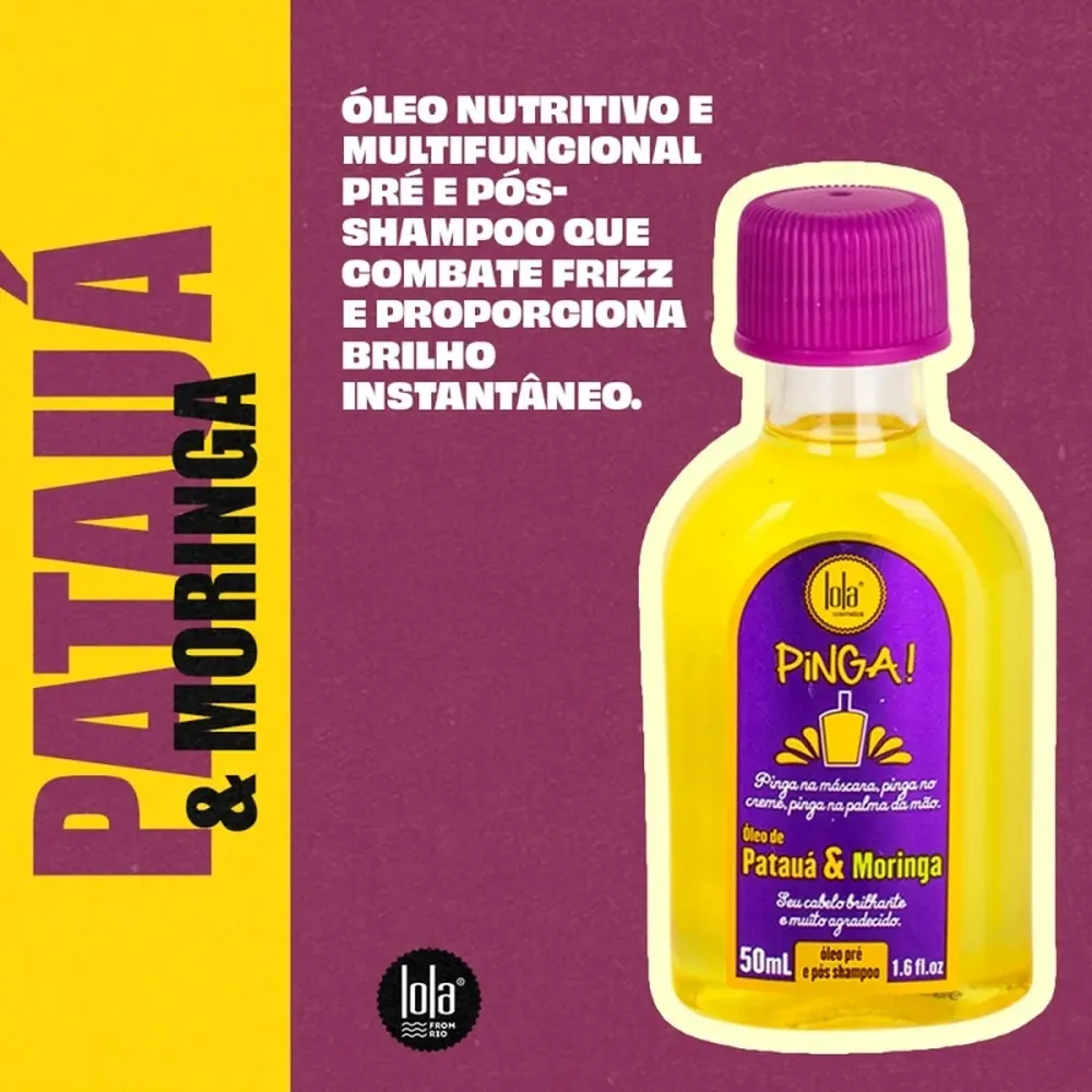 Frasco de óleo nutritivo Patauá & Moringa com tampa roxa e rótulo roxo e amarelo