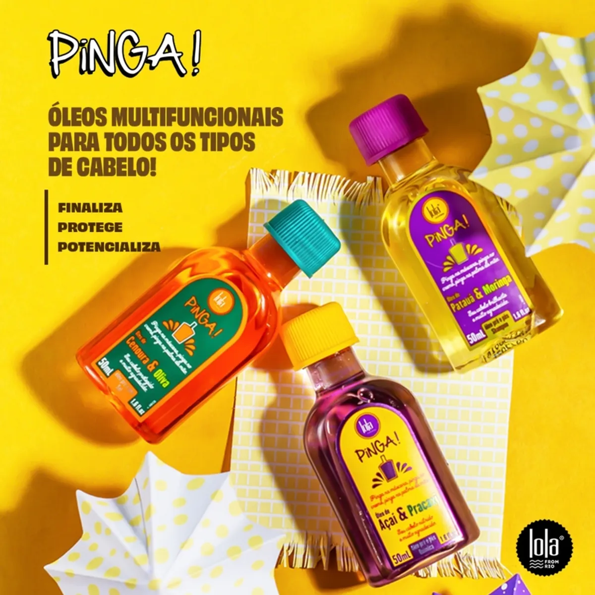 Três frascos coloridos de óleos para cabelo Pinga sobre fundo amarelo com texto promocional em português.