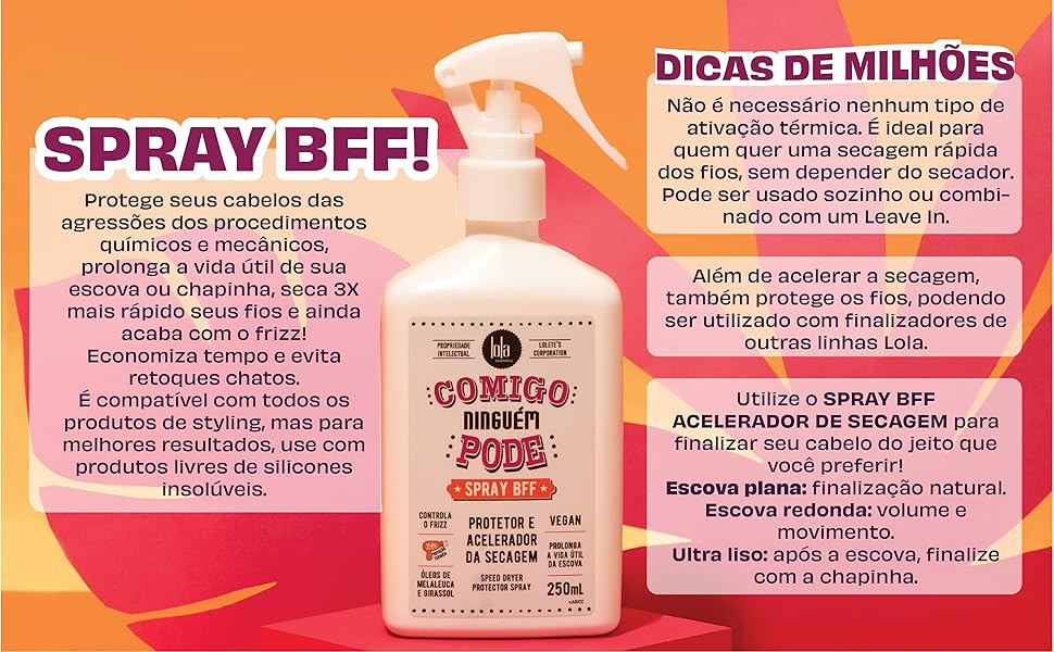 Frasco de Spray BEF! da Lola, com detalhes em vermelho e preto, sobre fundo laranja com instruções em português.