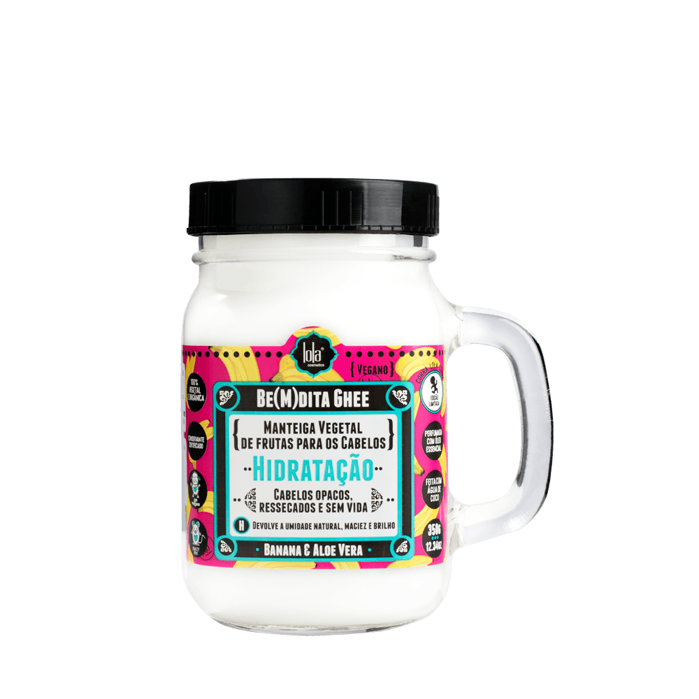 Frasco de manteiga vegetal Be(M)dita Ghee para hidratação de cabelos com banana e aloe vera