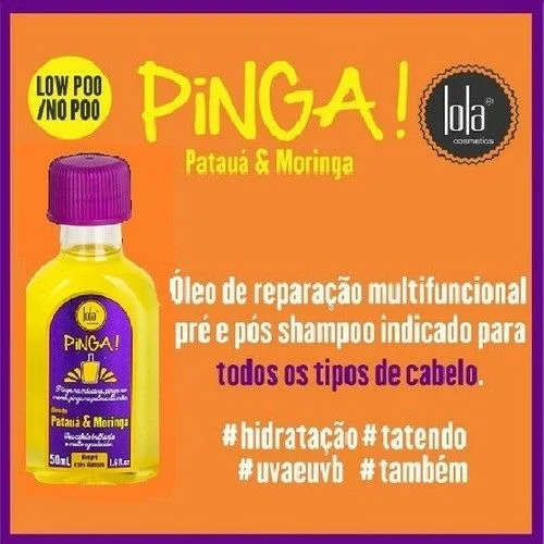 Frasco de óleo capilar amarelo com tampa roxa e rótulo roxo, texto Pinga! Patauá & Moringa sobre fundo laranja.