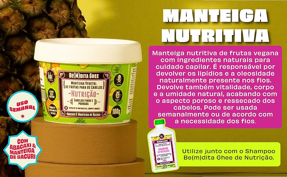 Pote de manteiga nutritiva vegana Be(m)dita Ghee com texto explicativo e frasco de shampoo ao lado
