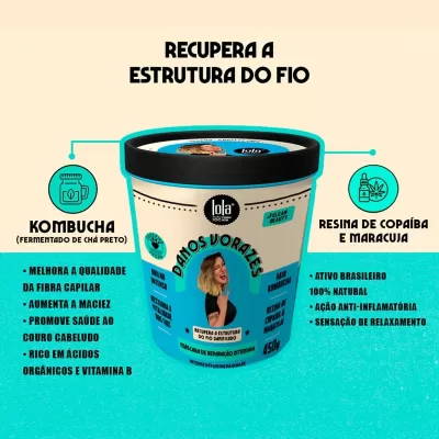 Pote de creme capilar Lola Cosmetics danoso e voraz com informações dos ingredientes e benefícios.