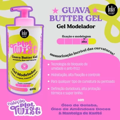 embalagem do Gel Modelador Guava Butter Gel com pump e texto em cores vibrantes