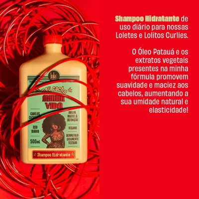 Frasco de shampoo hidratante 'Meu Cacho Minha Vida' para cabelos cacheados em fundo vermelho