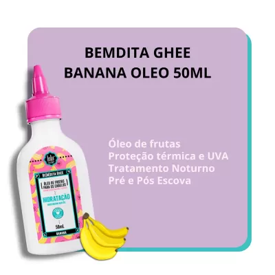 Frasco branco com tampa rosa e etiqueta colorida do produto Bemdida Ghee Banana Óleo 50ml e texto informativo em fundo lilás